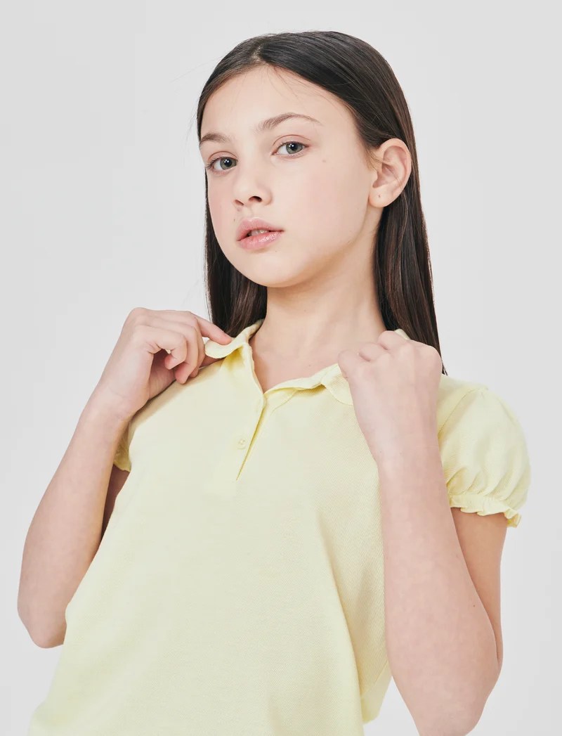 T-shirt polo cotone bambina con maniche arricciate - Giallo