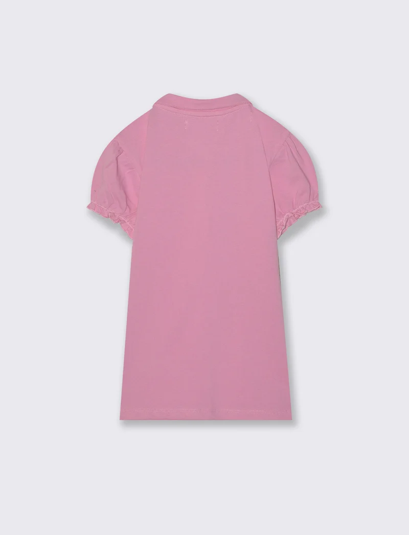 T-shirt polo cotone bambina con maniche arricciate - Rosa