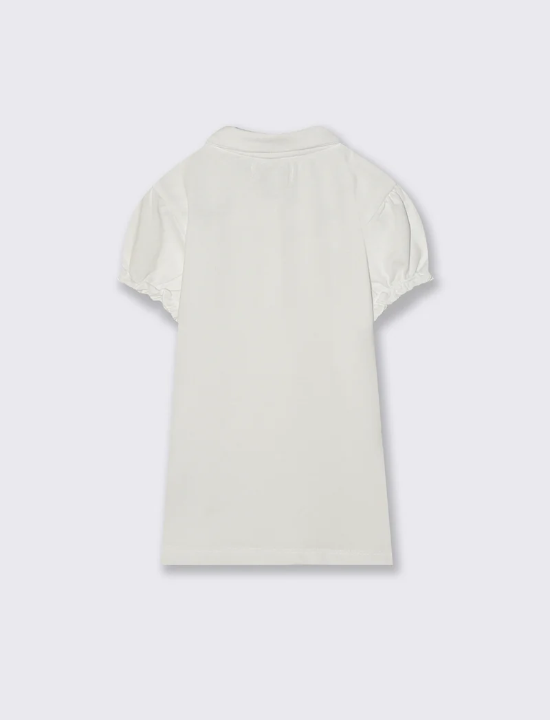 T-shirt polo cotone bambina con maniche arricciate - Bianco