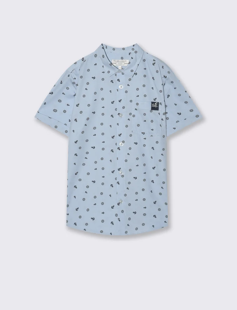 Camicia mezza manica micro-stampa cotone - Azzurro