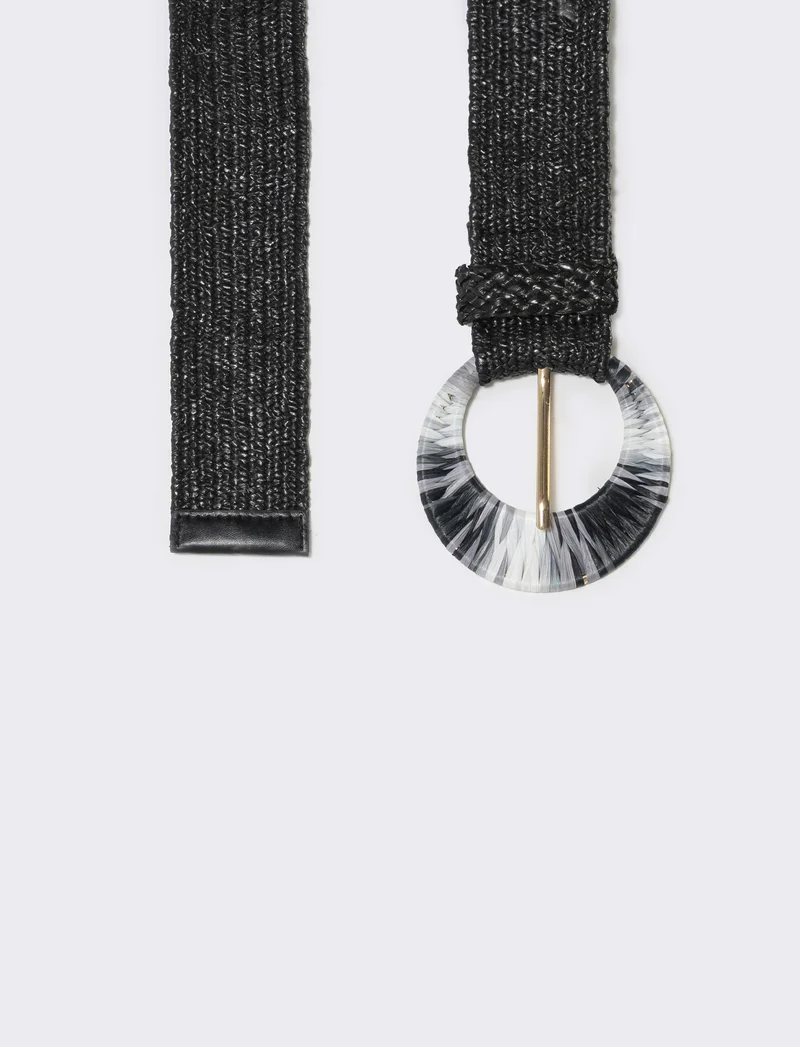 Cintura elastica con fibbia in paglia - Nero