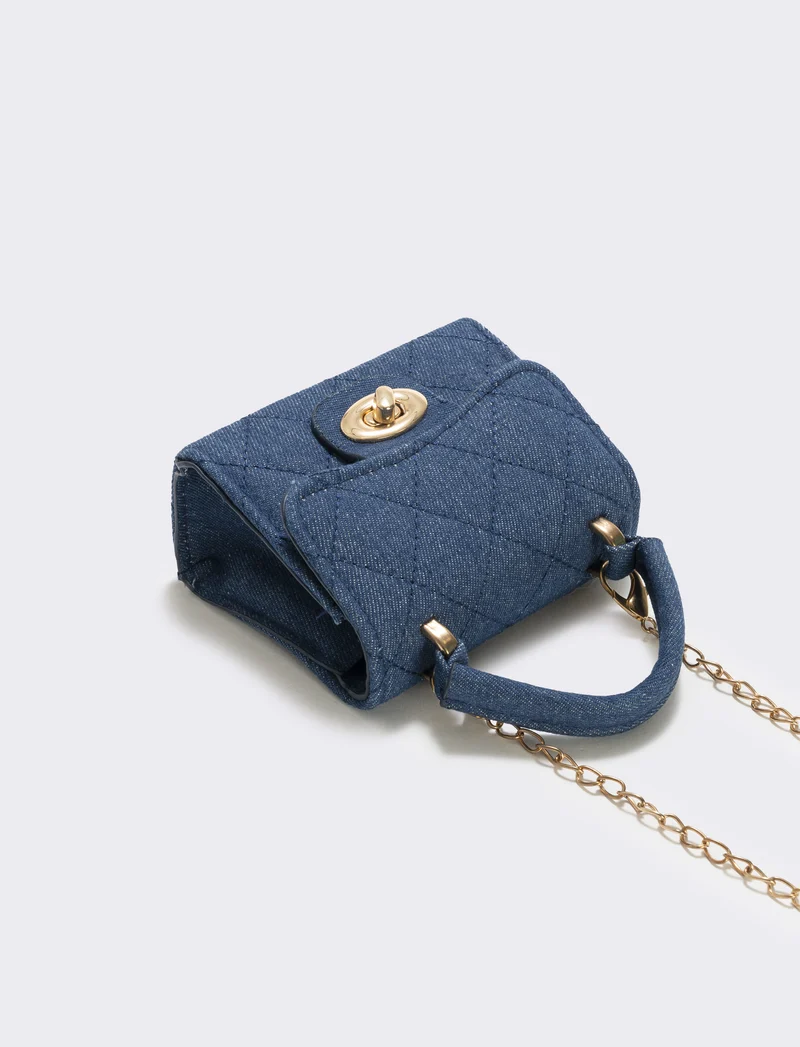 Borsetta jeans trapuntata con manico - Blu