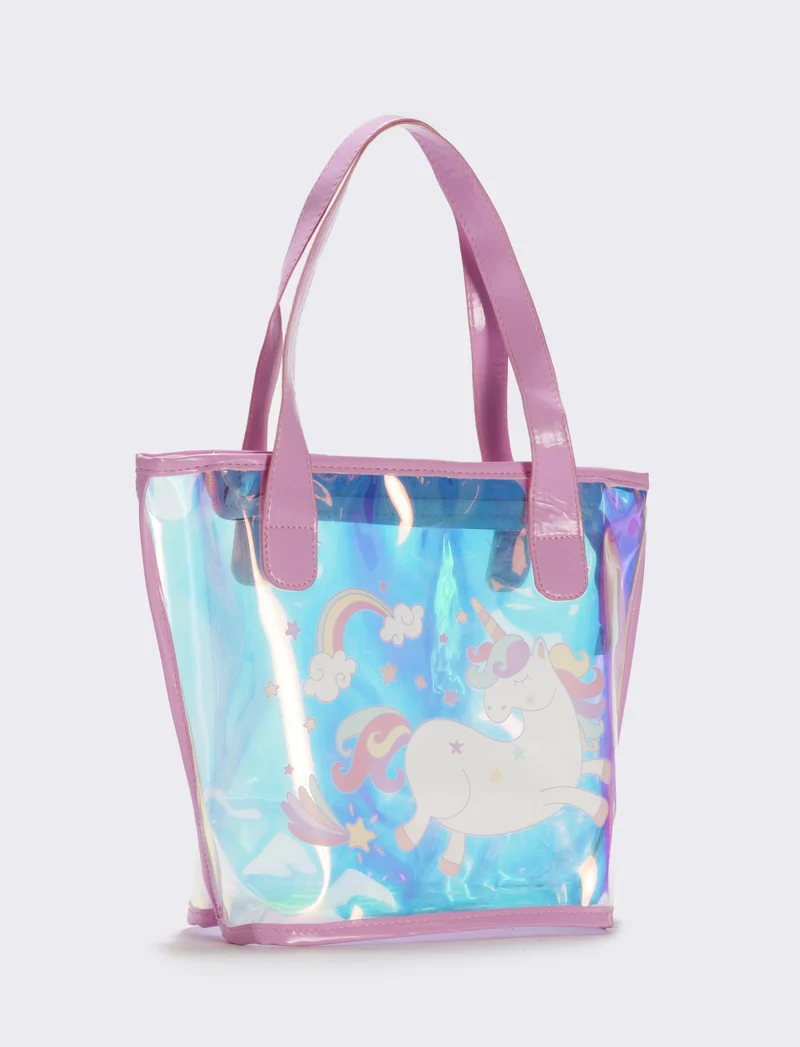 Borsa shopper lucida con unicorno - Verde