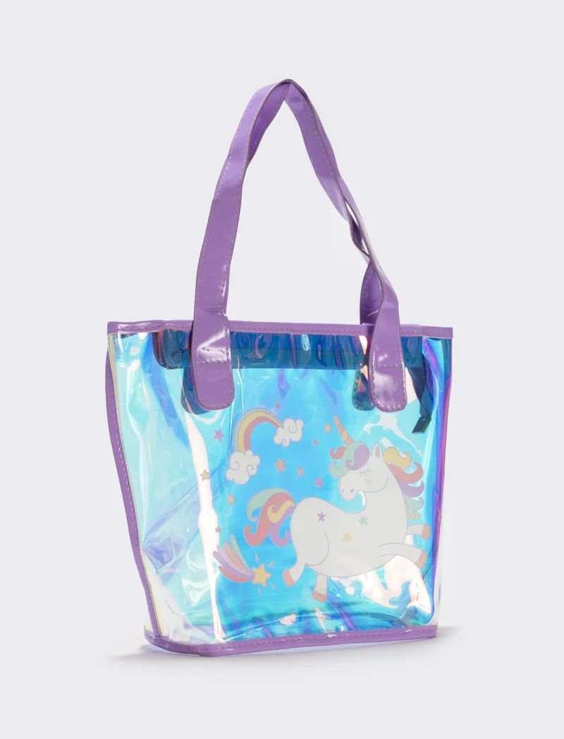 Borsa shopper lucida con unicorno - Lilla