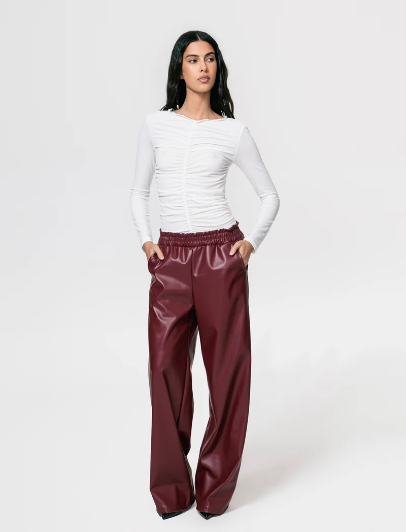 Pantalone palazzo con elastico in vita in ecopelle - Bordeaux