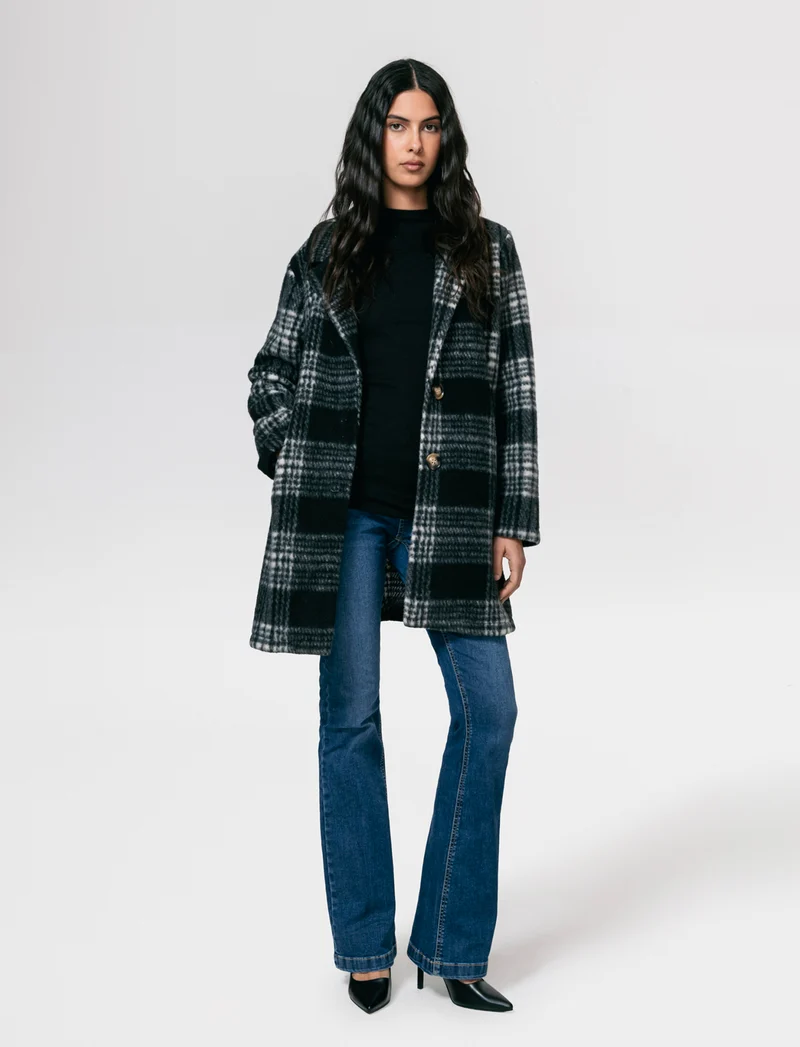 Cappotto monopetto in tessuto a quadro - Nero