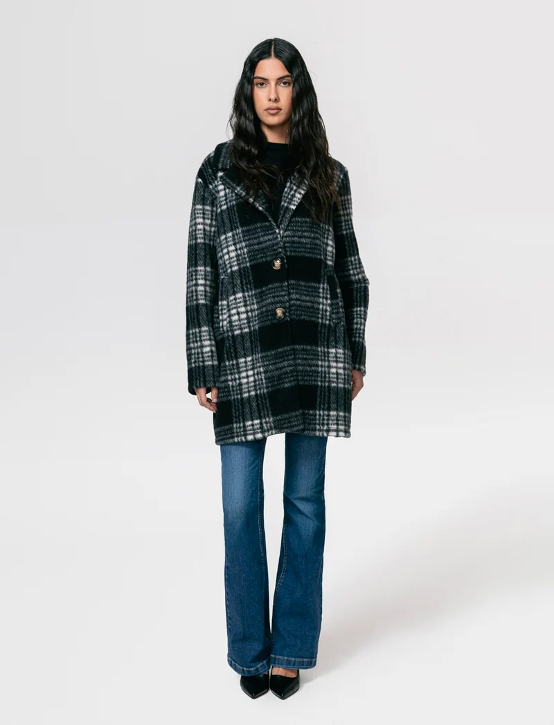Cappotto monopetto in tessuto a quadro - Nero