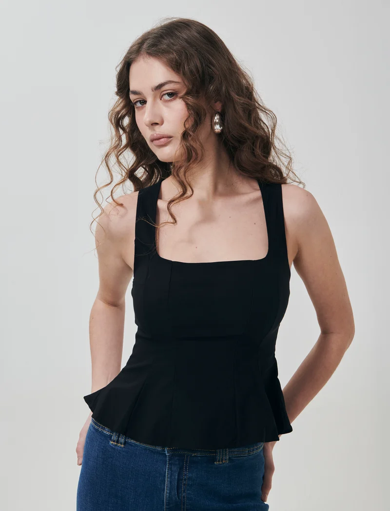 Top con scollo quadrato e zip - Nero