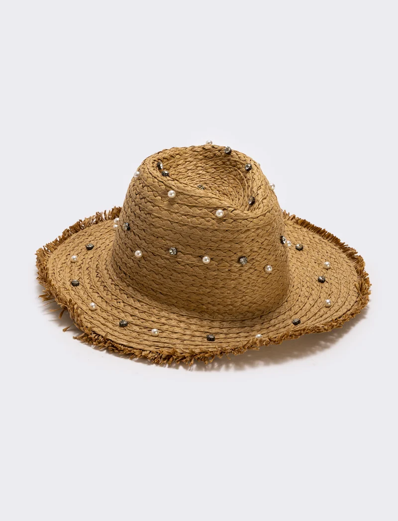 Cappello cowboy con perle e strass - Beige