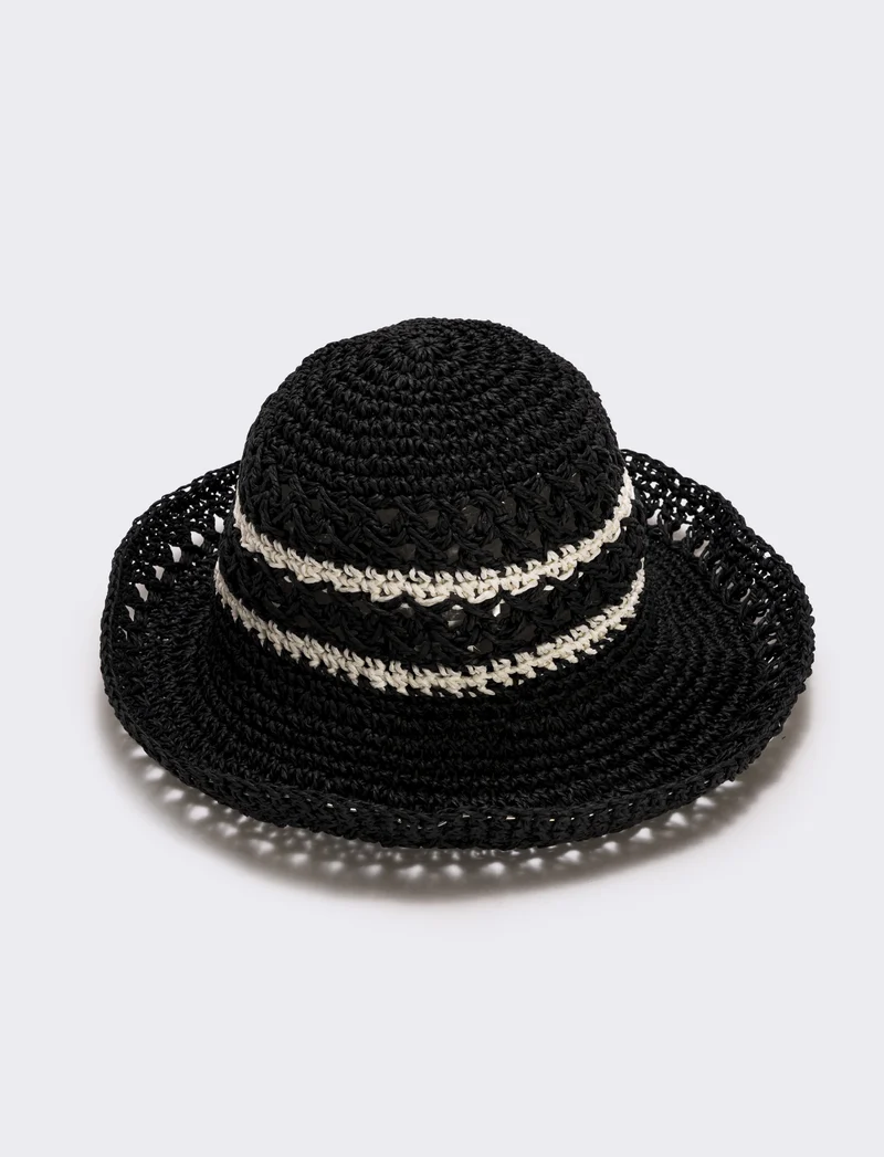 Cappello in paglia a doppio righino - Nero