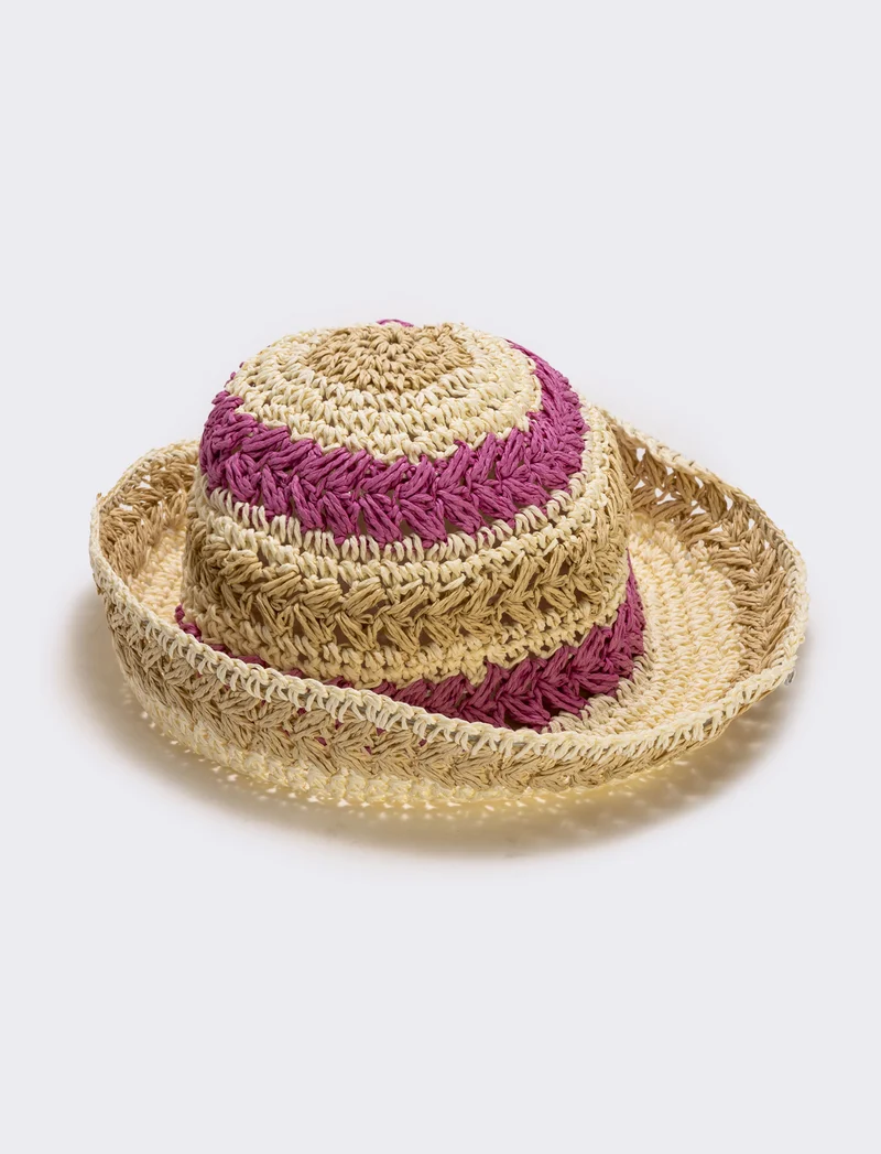 Cappello in paglia intrecciato a righe - Fuxia
