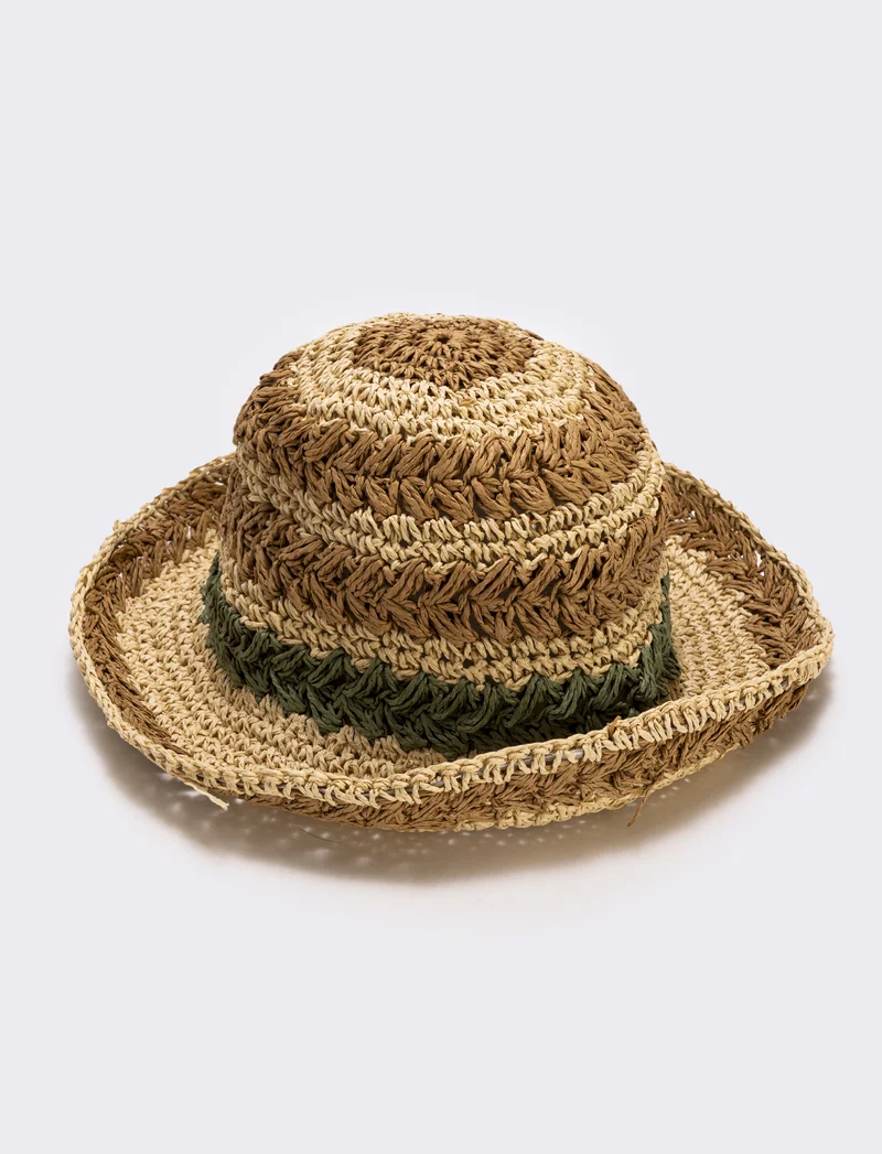 Cappello in paglia intrecciato a righe - Beige