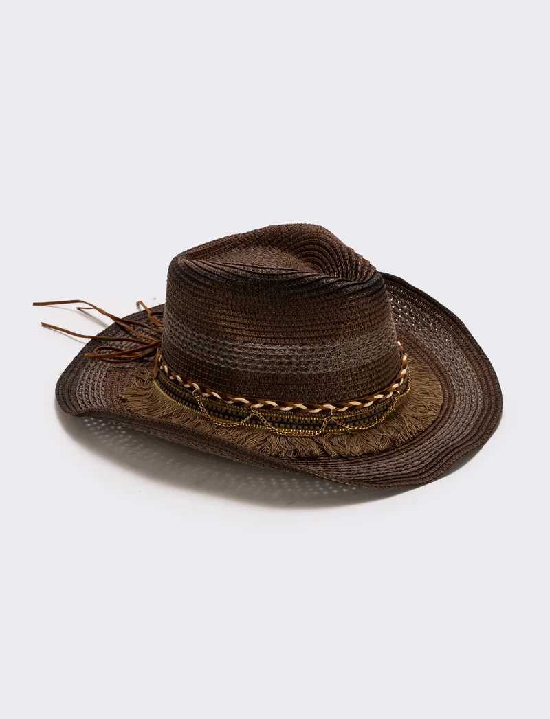Cappello cowboy frangiato con catenina - Marrone