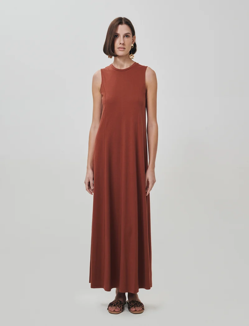 Vestito lungo in cotone svasato senza maniche - Cognac