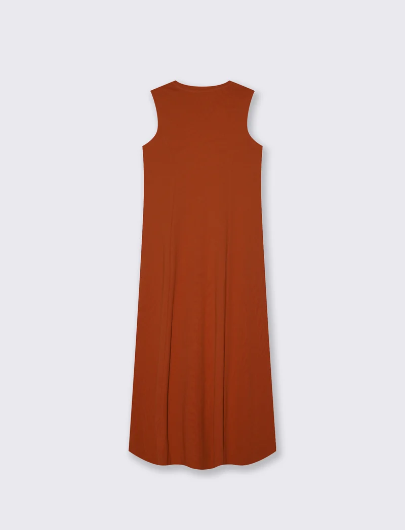 Vestito lungo in cotone svasato senza maniche - Cognac