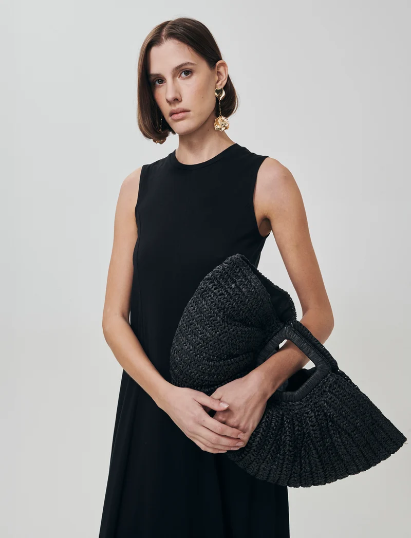 Vestito lungo in cotone svasato senza maniche - Nero