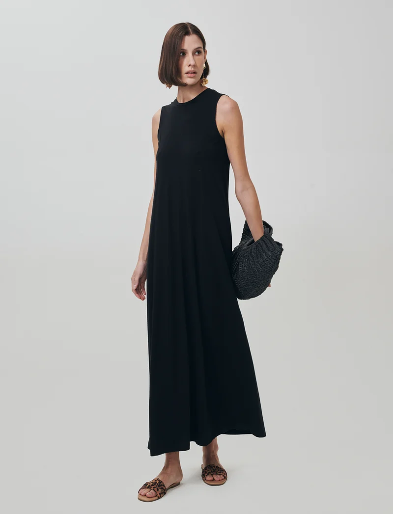 Vestito lungo in cotone svasato senza maniche - Nero
