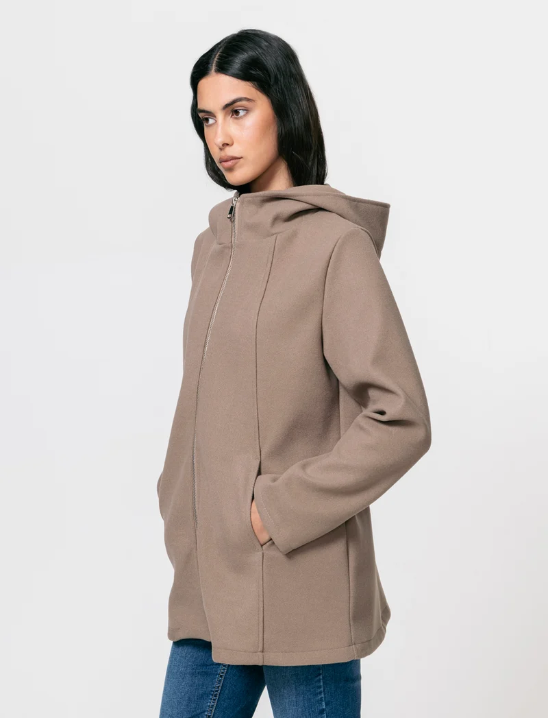 Cappotto con cappuccio e zip - Grigio fango