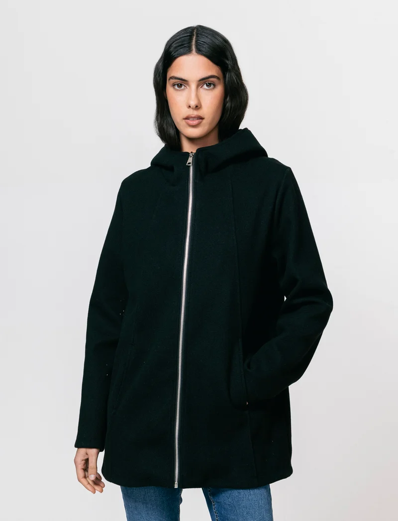 Cappotto con cappuccio e zip - Nero