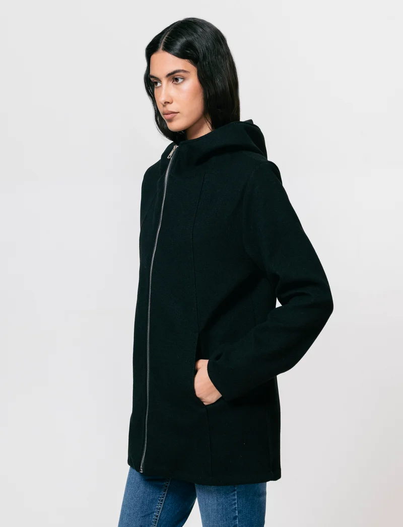 Cappotto con cappuccio e zip - Nero
