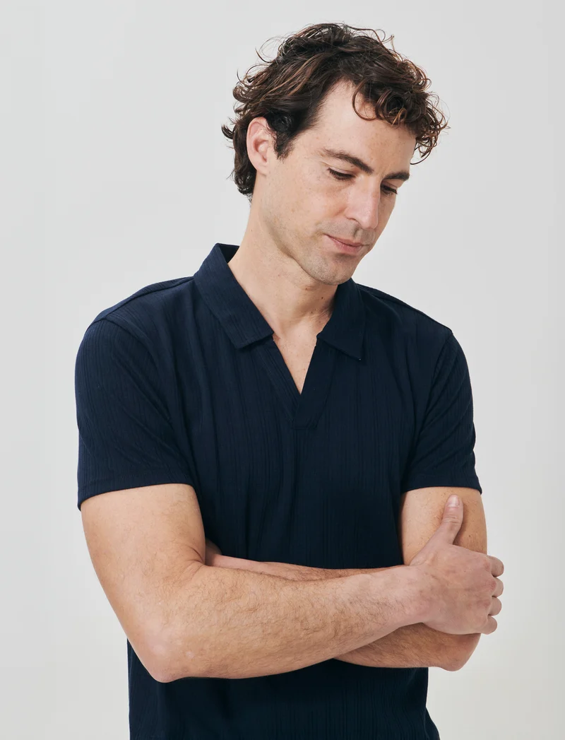 Polo a coste effetto maglia maniche corte - Blu