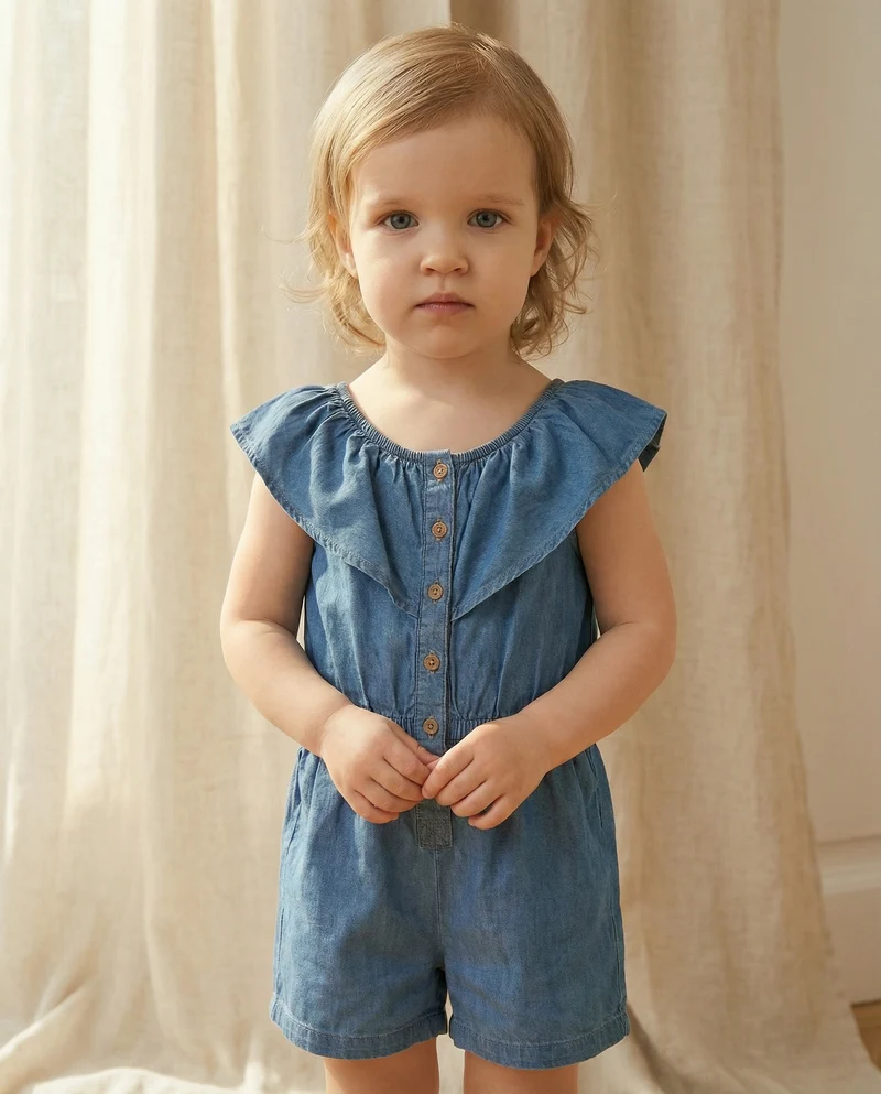 Tuta in chambray con rouche e bottoncini - Denim
