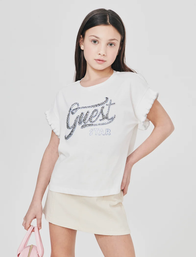 T-shirt cotone con maniche in costina e strass - Bianco latte
