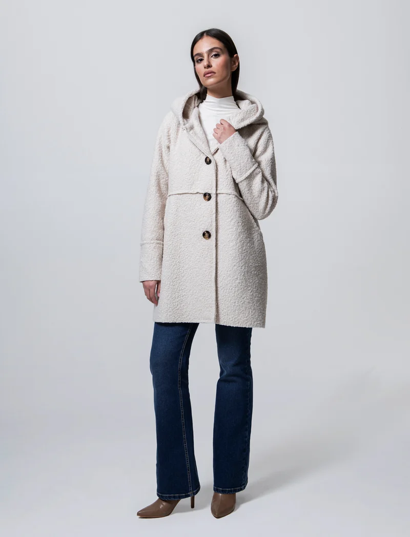 Cappotto su tessuto bouclè con cappuccio - Vaniglia