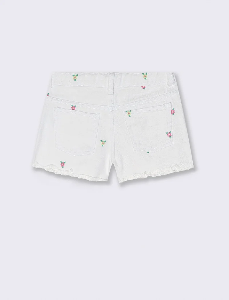 Short in denim e cotone con fiorellini - Bianco