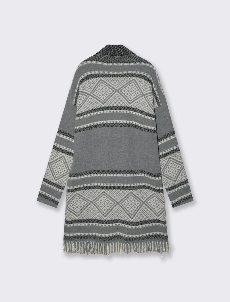 Maglia lunga jacquard modello spolverino - Grigio