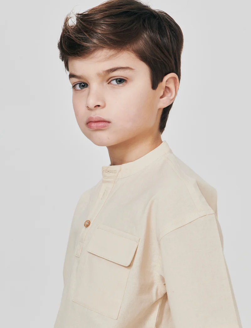 Camicia collo coreana in misto lino - Sabbia