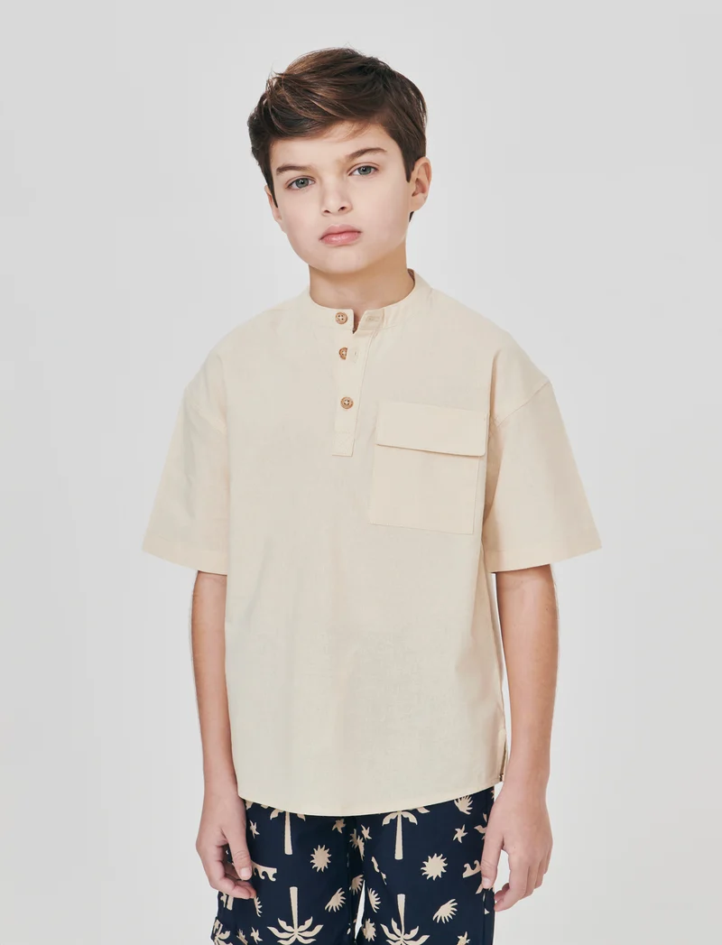 Camicia collo coreana in misto lino - Sabbia