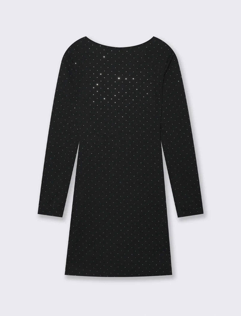 Vestito manica lunga, scollo a V, in tessuto con strass - Nero