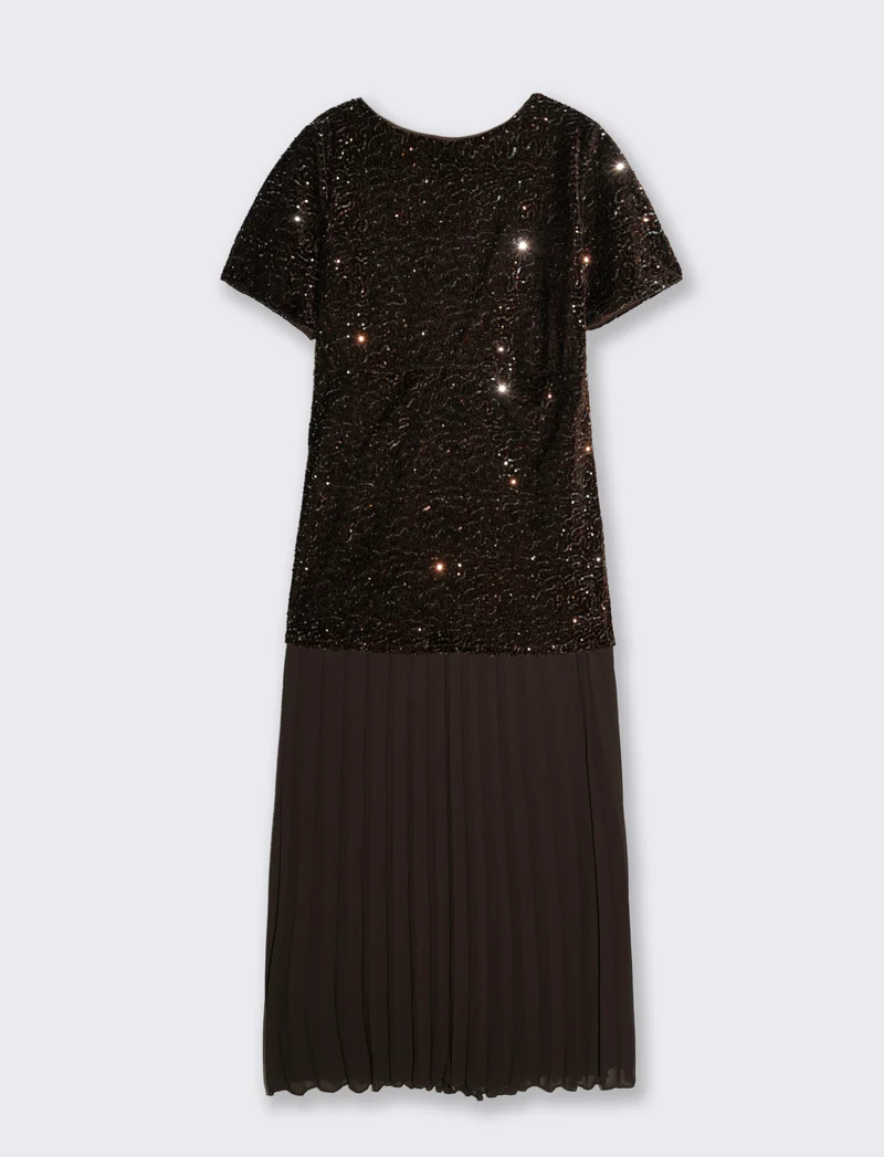 Vestito con maniche corte in paillettes e georgette plisset - Moro