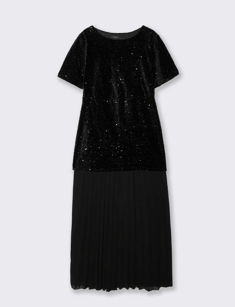 Vestito con maniche corte in paillettes e georgette plisset - Nero