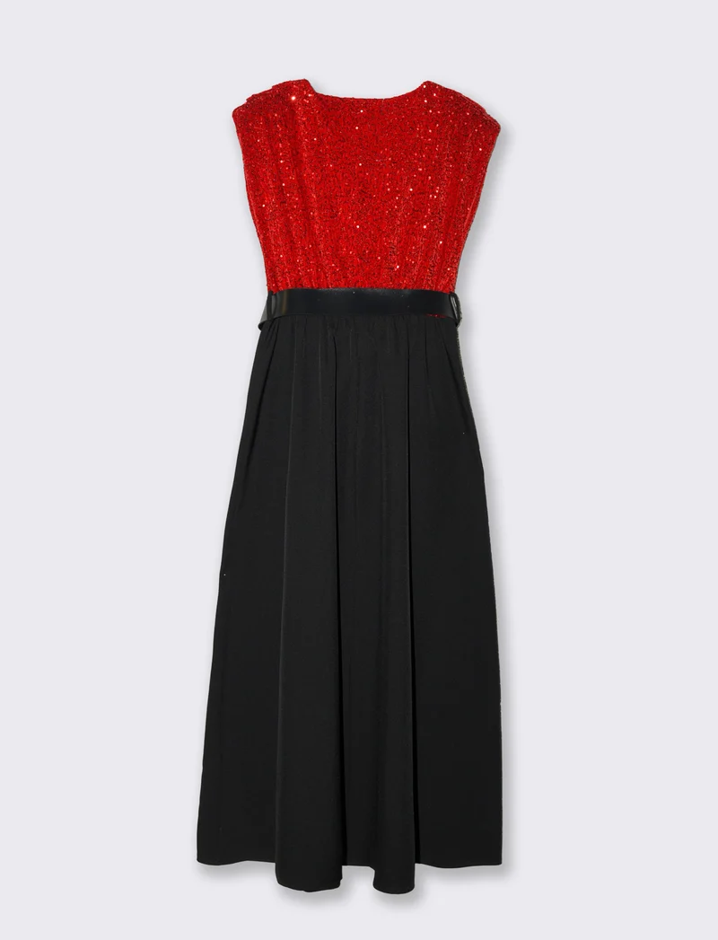 Vestito con doppio tessuto e cintura, paillettes e tessuto unito - Rosso