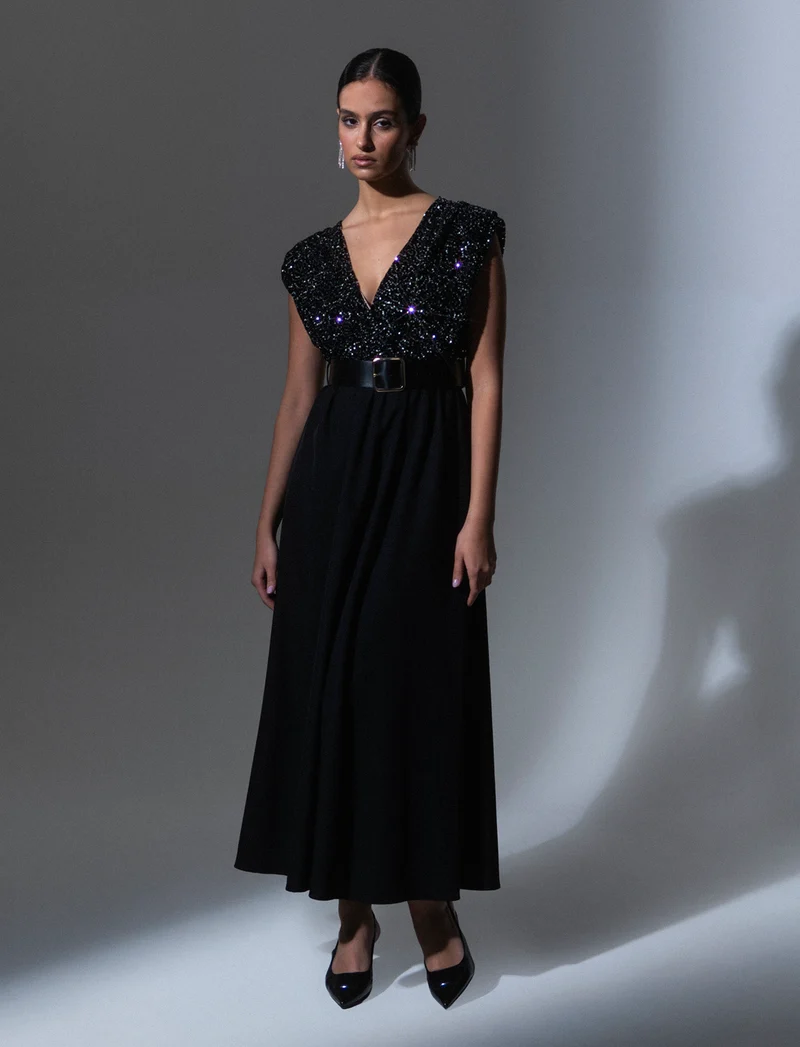 Vestito con doppio tessuto e cintura, paillettes e tessuto unito - Argento