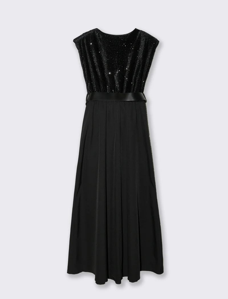 Vestito con doppio tessuto e cintura, paillettes e tessuto unito - Nero