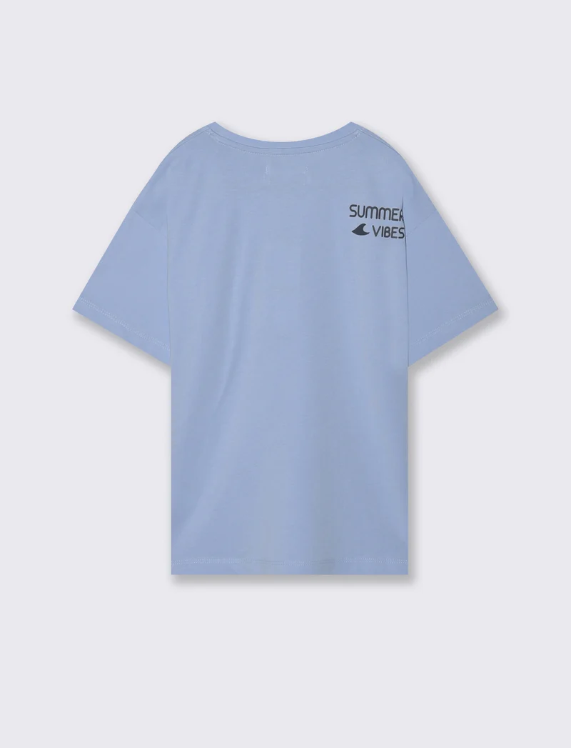 T-shirt giro collo con tasca in chambray - Azzurro