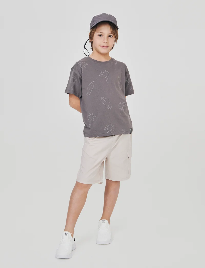 T-shirt mezza manica con ricami palme - Grigio