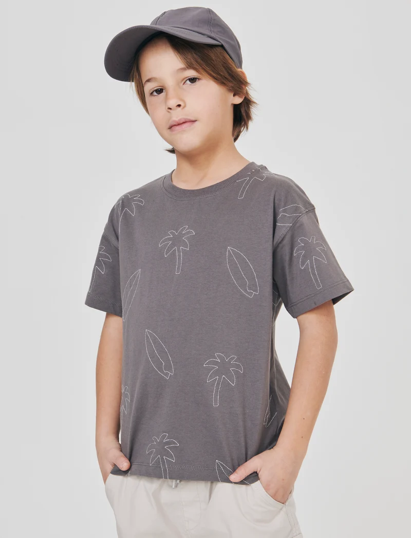 T-shirt mezza manica con ricami palme - Grigio
