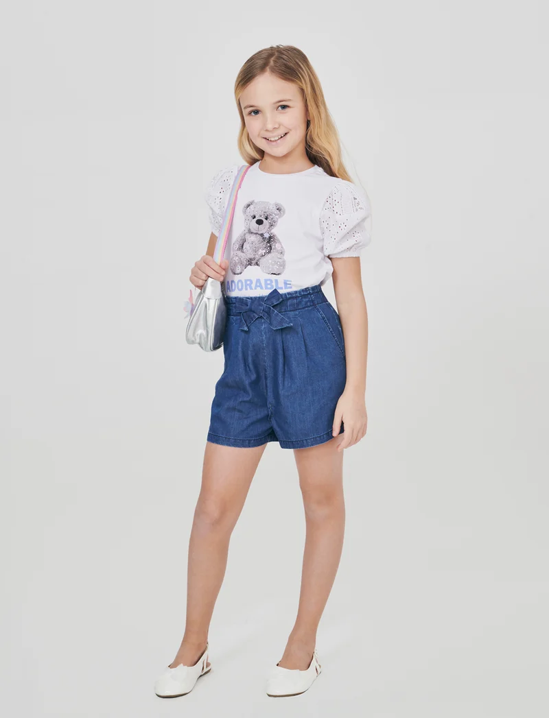 Short in chambray con fiocco decorativo - DENIM SCURO