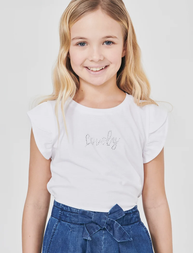 T-shirt con strass e manica volant - Bianco
