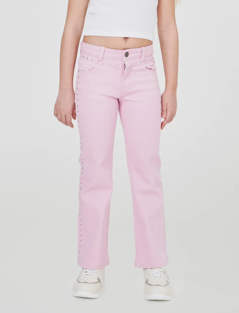 Pantalone flare in denim con borchiette - Rosa