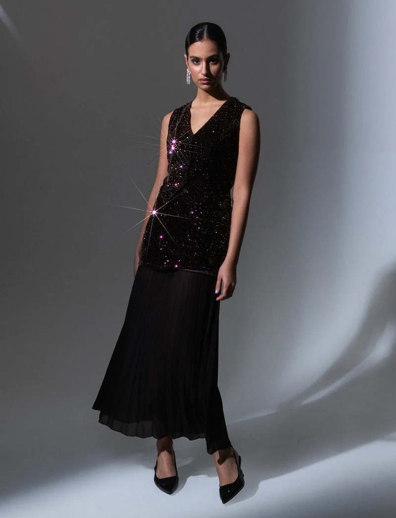 Gonna midi in paillettes e georgette - Moro