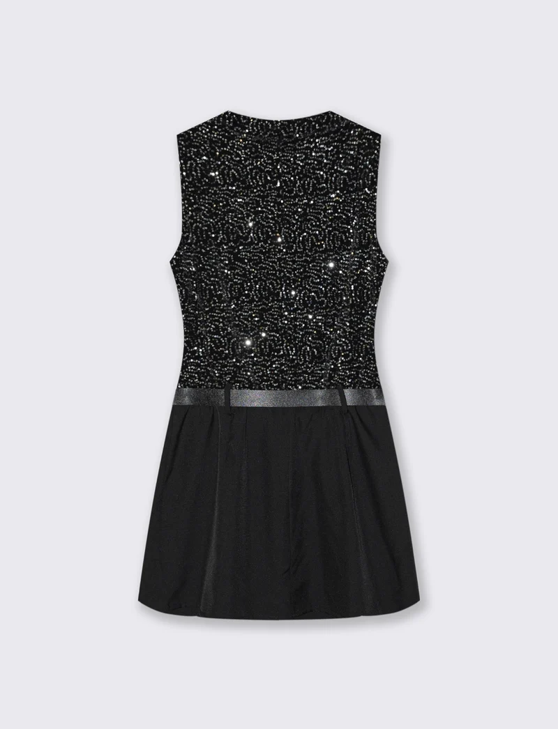 Vestito corto con cintura in doppio tessuto, paillettes e unito. - Nero-argento