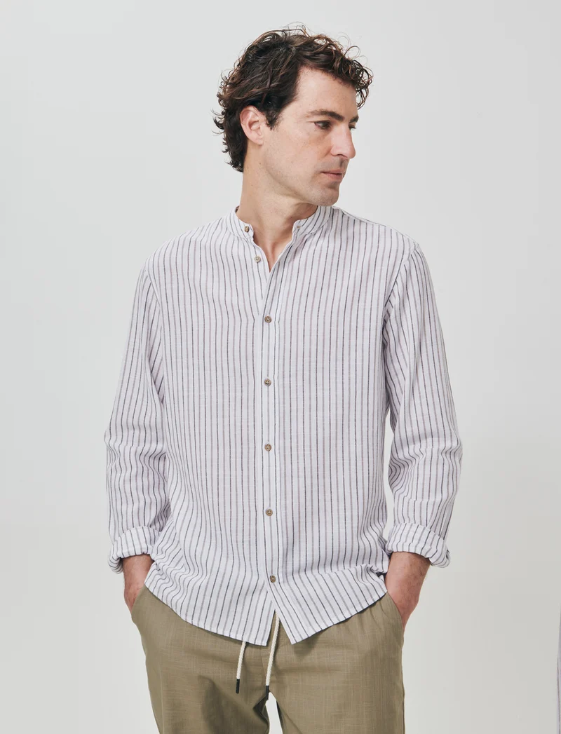 Camicia a righe in effetto lino - Bianco