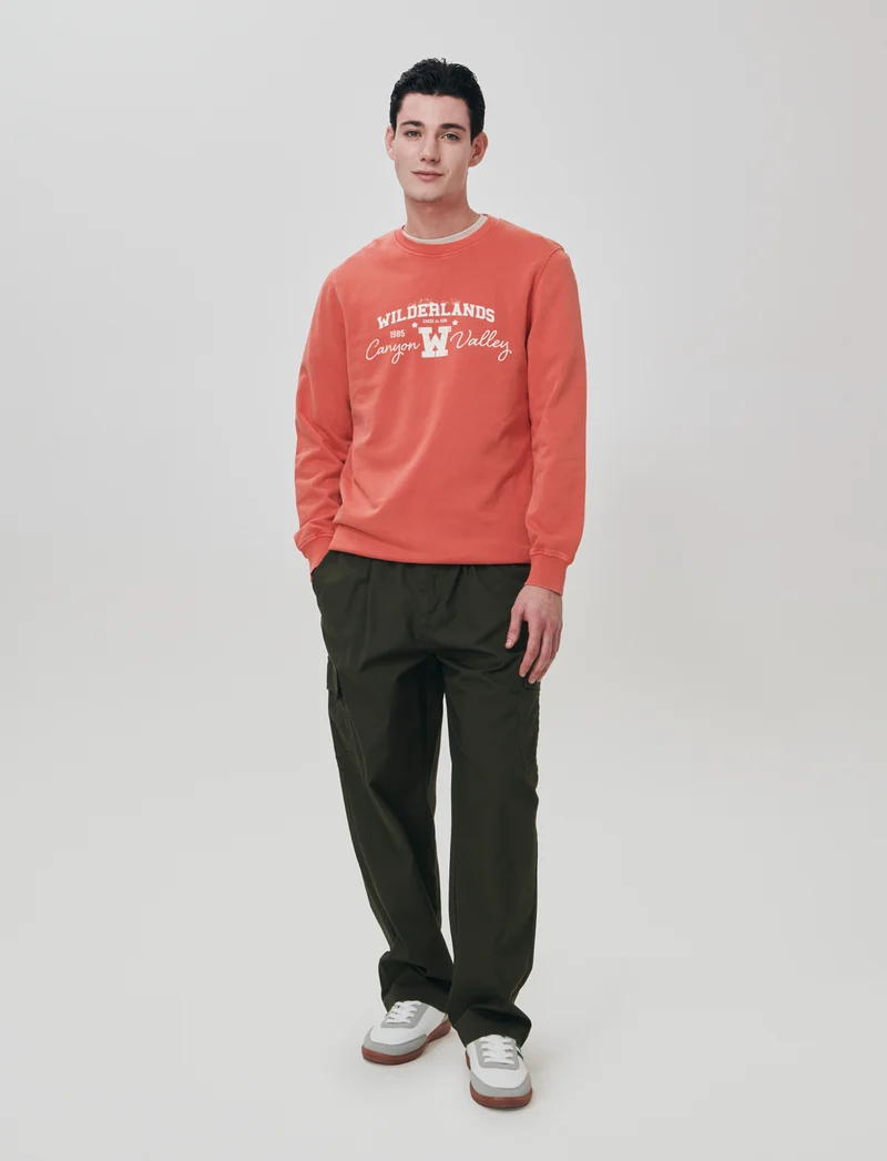 Felpa in cotone acid wash con stampa - Corallo