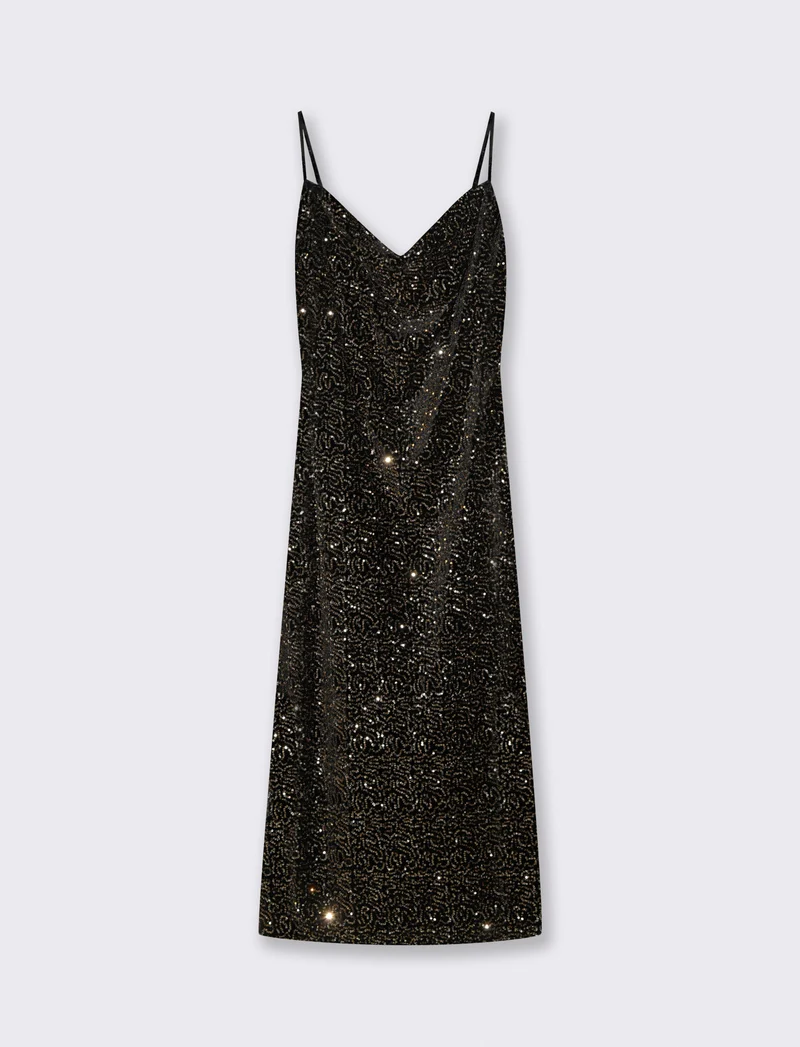 Vestito lungo in paillettes con bretelline - Oro