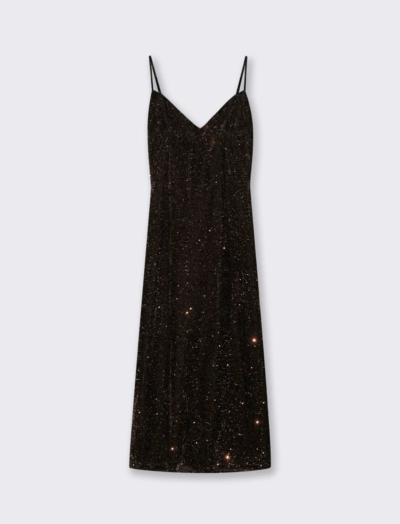 Vestito lungo in paillettes con bretelline - Moro